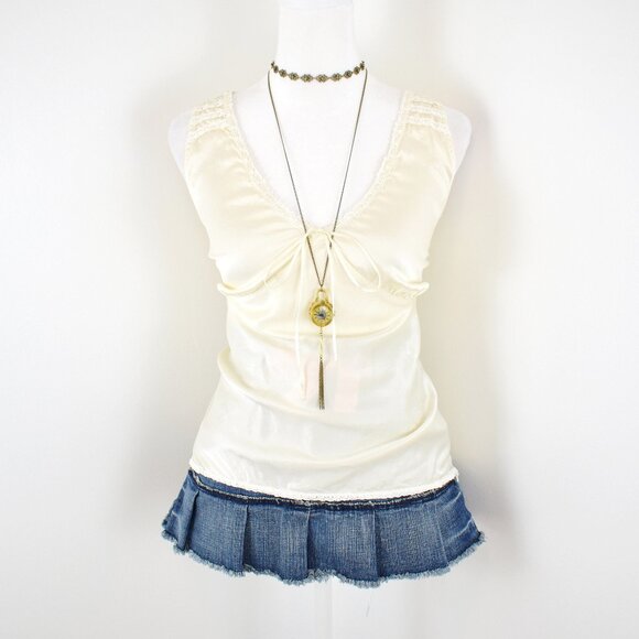 VTG 00s Y2K Ella Rose Cream White Silk Satin Lace Trim Bow V-Neck Slip Tank Top - Picture 1 of 8